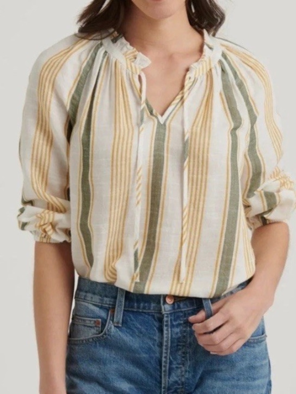 Lucky Brand Striped Peasant Blouse in Cream, Olive & Mustard